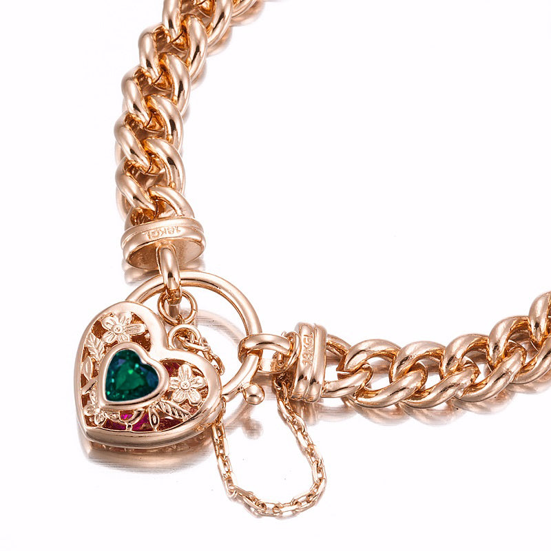 18ct Heavy Rose Gold Plated Euro Chain Bracelet with a Green Filigree Locket - USA Made-1